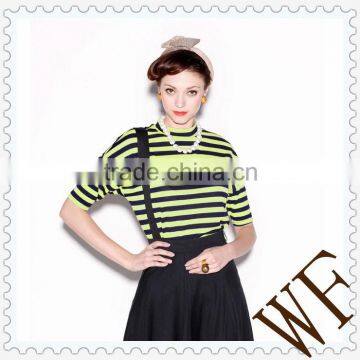 2014 alibaba China OEM service Europe Women Striped High Neck Girls T-Shirts Half Sleeve