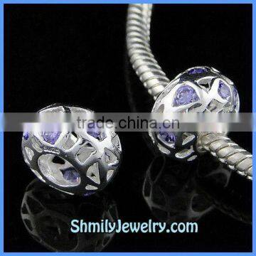 Wholesale 925 Silver Round Hollow Beads With Purple CZ Stones BCZ47