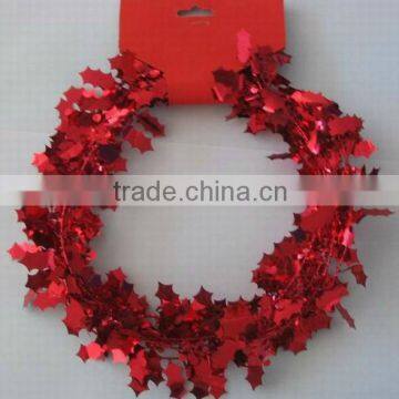 HOT SALE 9 Feet Red Metallic Holly Leaf Wire Tinsel Garlands for X'mas Gift Wrapping Decoration