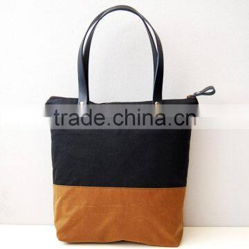 Black & tan Waxed canvas tote bag with zipper and leather straps canvas leather tote bag