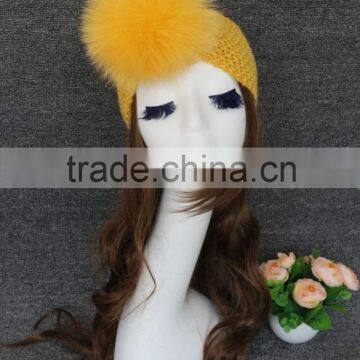Factory directly wholesale price knitted yellow headband raccoon fur scarf with fur ball
