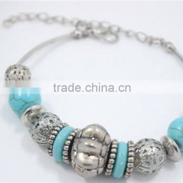 Handmade Gypsy Tibet Silver Turquoise Stone Beads Vintage Antiqued Silver Gemstone Beads Mesh Ball Bracelet2016New Intrend style