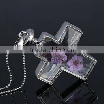2016 Hot Sale Silver Cross Real Dried Flower Necklace Crystal photo-4