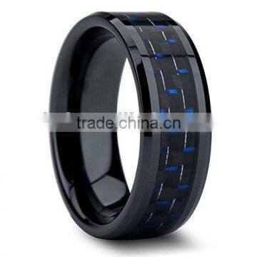 Black Tungsten 8mm Blue Carbon Fiber Inlay High Polish Men's Wedding Band Ring