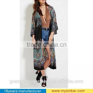 Woman long cardigan,beautiful print chiffon long shirt Three Quarter sleeve fashion beach cover up blouse cardigan