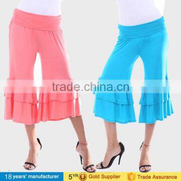 OEM wholesale casual High waist knee length capri palazzo pants ruffle wide leg gaucho pants for women