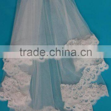 Hot sale ivory colored wedding veils edged design beaded crystal pearls lace trim