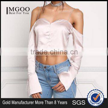 MGOO Custom Manufacturer Polyester Cropped Blouses Blush Silky Cold Shoulder Long Sleeves Satin Crop Tops