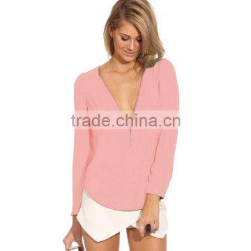 2016 New Fashion Zipper Designs V-neck Women Chiffon Shirt Blouse Long-sleeve Top Clothings photo-4