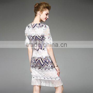 2017 New Design Factory Customized Summer Womens High Grade Slim Elegant Round Collar Tassels Short Sleeve Sexy Party Dresses photo-3