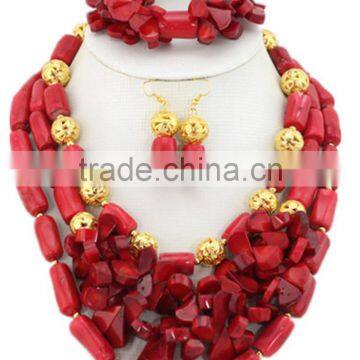 Gold-Plated Red Column Melon Seeds Coral Beads African Jewelry Set