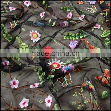 fashion colourful thread embroidered mesh polyester fabric