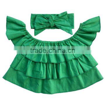 Christmas Green Girls off shoulder ruffle shirts with Headband