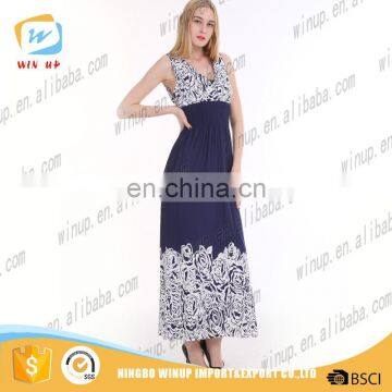 Excellent quality V neck navy blue filower print big size women dress evening dress for sale