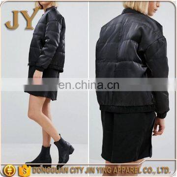 Women Apparel 2017 Black Padded Cotton Satin Bomber Jackets with Baseball Collar JYABF006