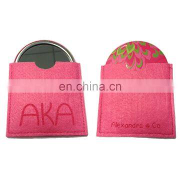 One-side Tin Button Make Up Mirror With Wool Felt Pouch Debossed Words