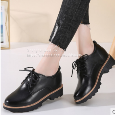 Real leather inner heightening and thick sole of small leather shoes for women