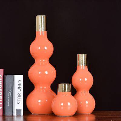 Orange Gild Gourd Chinese Modern Simple Electroplate Ceramic Plant Vase For Office Decor