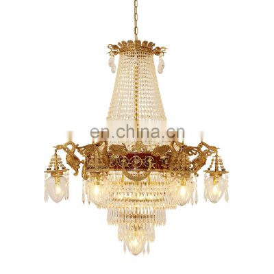 French Golden Copper Chandelier European Villa Luxury Crystal Pendant Lamps For Hotel