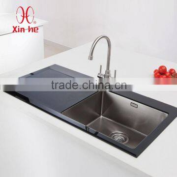 Durable Stainless Steel bowl tempered glass top basin sink for kitchen with glass drainboard