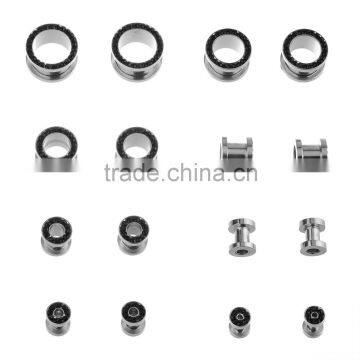 Ipink 8 Pairs Black Rhinestone Lined Screw On Double Flare Hollow Flesh Tunnel Ear Plug Earlet - Available in Low & Giant Gauges