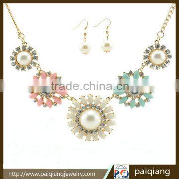 Newest fancy design pearl sunflower necklace and earrings jewelry sets