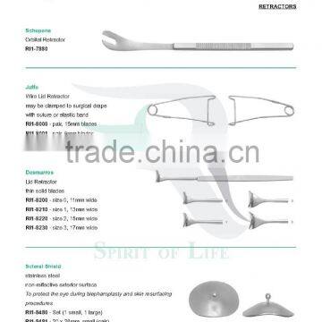 Scleral Shield stainless steel non-reflective exterior surface, Jaeger Lid Plate clear plastic, Jaeger Lid Plate stainless steel