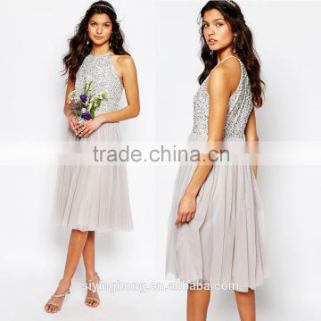 Latest design fashion sequin embellished blouse and skirt dress high neck midi tulle wedding dress