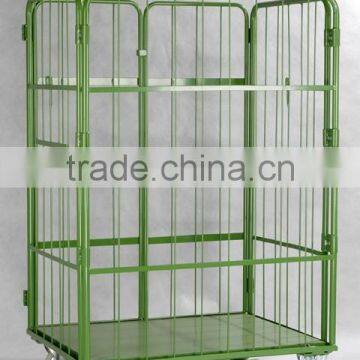 3-sided nestable L frame industrial rolling metal cart/folding cage trolley