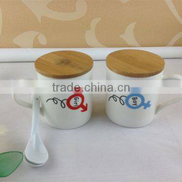 Ceramic Coffee Mug With Spoon and Wood Cover for Lover Couple