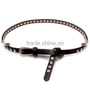 Fashion Rhinestone Decorated Pin Buckle Sex Girl Black Thin PU Waist Belt