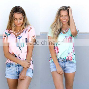 customize t shirt cheap Criss Cross Fancy Floral Tunic Tops