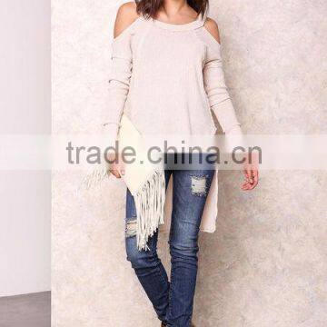 Popular High Quality Cold Beige Shoulder Knit Tops Sexy Off Asymmetric Sexy Party Sweaters photo-2