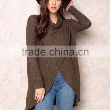 MGOO Handmade Sweaters For Girl Brown Asymmetric High Neck Overlay Tops Long Sleeves Fashion Winter Tops photo-4