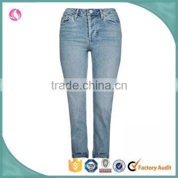 New fashion model ladies raw cropped step hem straight leg soft wash jeans pant