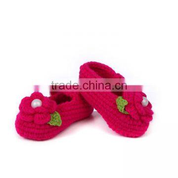 Green Leaves Embellished Hand Made Crochet Knitting Flower Girl Shoes photo-4