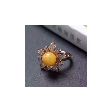 Neffly Jewelry Natural Beeswax Yellow Chanterelles 9 mm Inlaid Flower Ring, S925 Silver Plated With Gold Inlaid Rose Diamond Accessories. photo-3