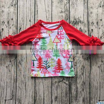 New arrival baby girls christmas raglan shirts 100% cotton ruffle long sleeves kids clothes top