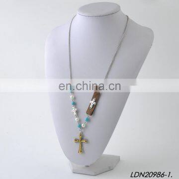 Anti-Siver and Anti-Gold Vintage Cross Necklaces Turquoise Beads Necklace photo-6
