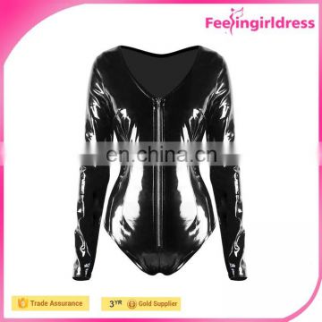 Hot selling women long sleeve zipper front o neck black leather bodysuit