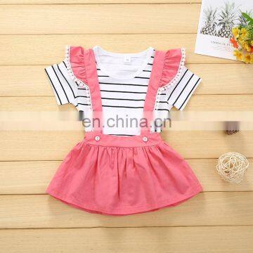 New arrival Girl's short-sleeved striped blouse with pom pom strap skirt in a two-piece suit