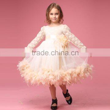 Wholesale Cream Girls Dress long sleeve feather decorated in pure color