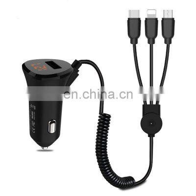 Universal USB Car Charger with USB and Cable 3 in 1 Car Charger  for iPhone Samsung Micro