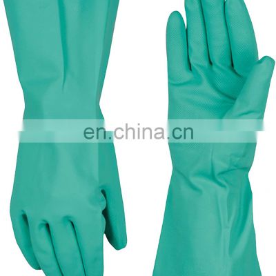 Heavy Duty Industrial Safety Chemical Resistant Gloves Flock-Lined Green Nitrile Gloves