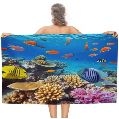 Swimming Towel, Coral and Sea Fish Printed Fashion Towel,Portable Towel,Durable beach Towel