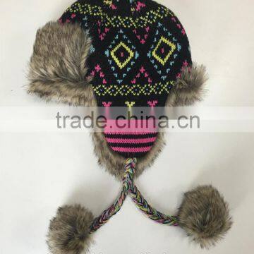 High Quality Wholesale Diamond Jacquard Knitted Winter Trapper Hat With Faux Fur Lining photo-2