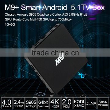 M9+ Android 5.1 TV Box Amlogic S905 Quad Core 64bit 1G/8G KODI XBMC UHD 4K 3D Mini LAN WiFi H.265 DLNA Airplay Miracast