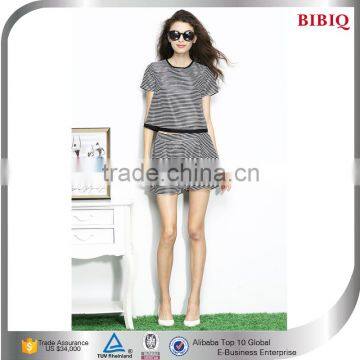 Cheap Women 2pcs Suit Satin Pullover Short-sleeved Striped T-shirt + Shorts