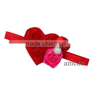 Valentine's Day Red Rosettes Heart Crystal Hot Pink Rose Headband