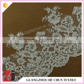 HC-2310-1 Hechun Factory Guangzhou White Beaded Sequined Embroidered Lace Bridal Trim